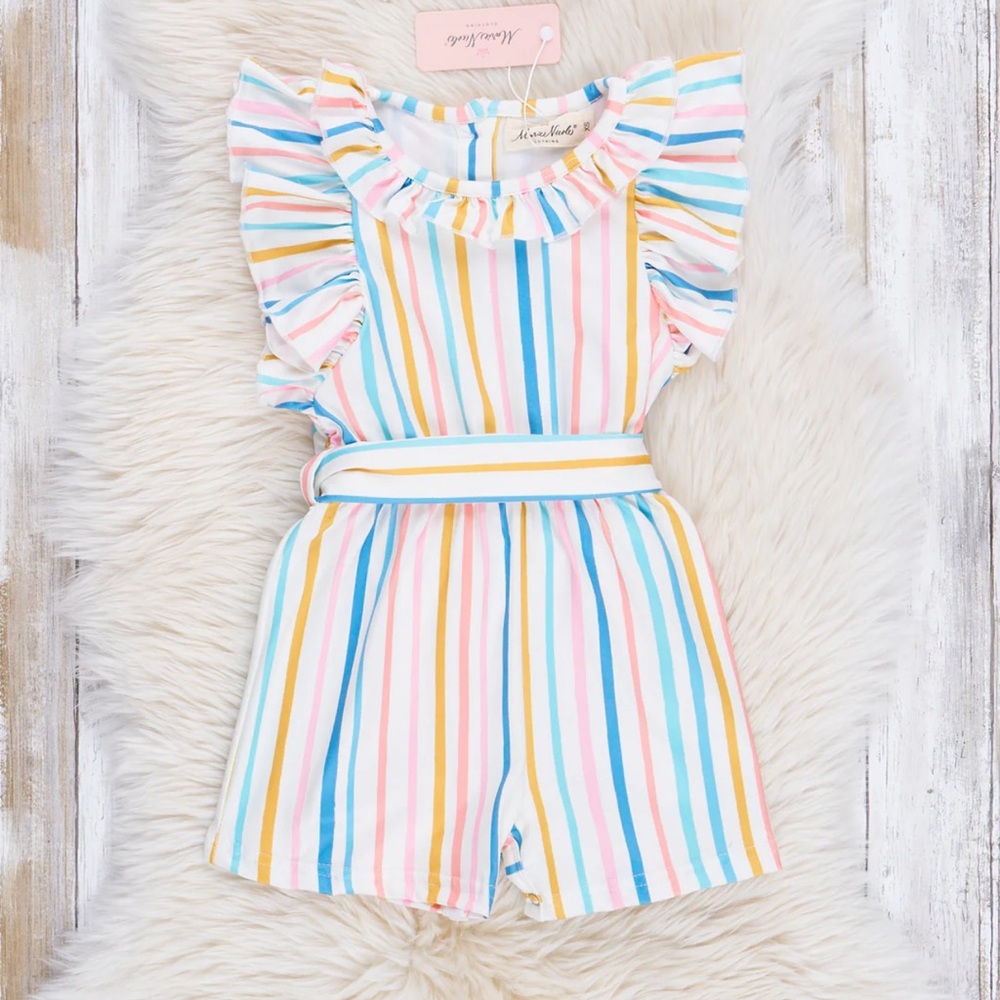 Marie Nicole Clothing Rainbow Stripes Ruffle Romper 4T NWT